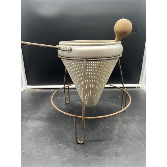 Vintage Aluminum Sieve Strainer 1970s w/ Stand and Wood Masher - Wood Canning - Picture 6 of 10
